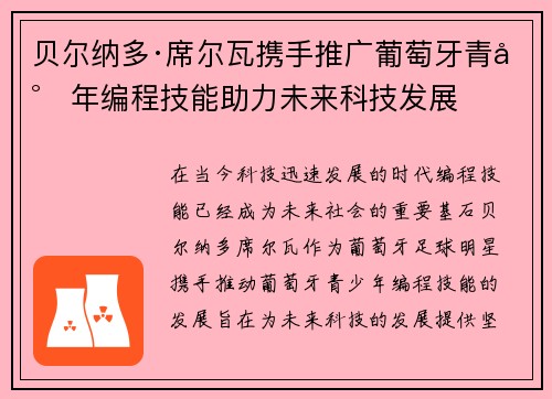 贝尔纳多·席尔瓦携手推广葡萄牙青少年编程技能助力未来科技发展