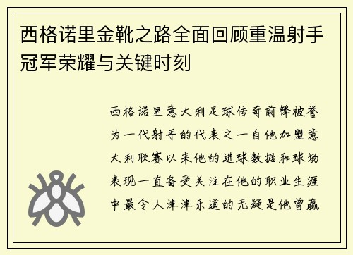 西格诺里金靴之路全面回顾重温射手冠军荣耀与关键时刻